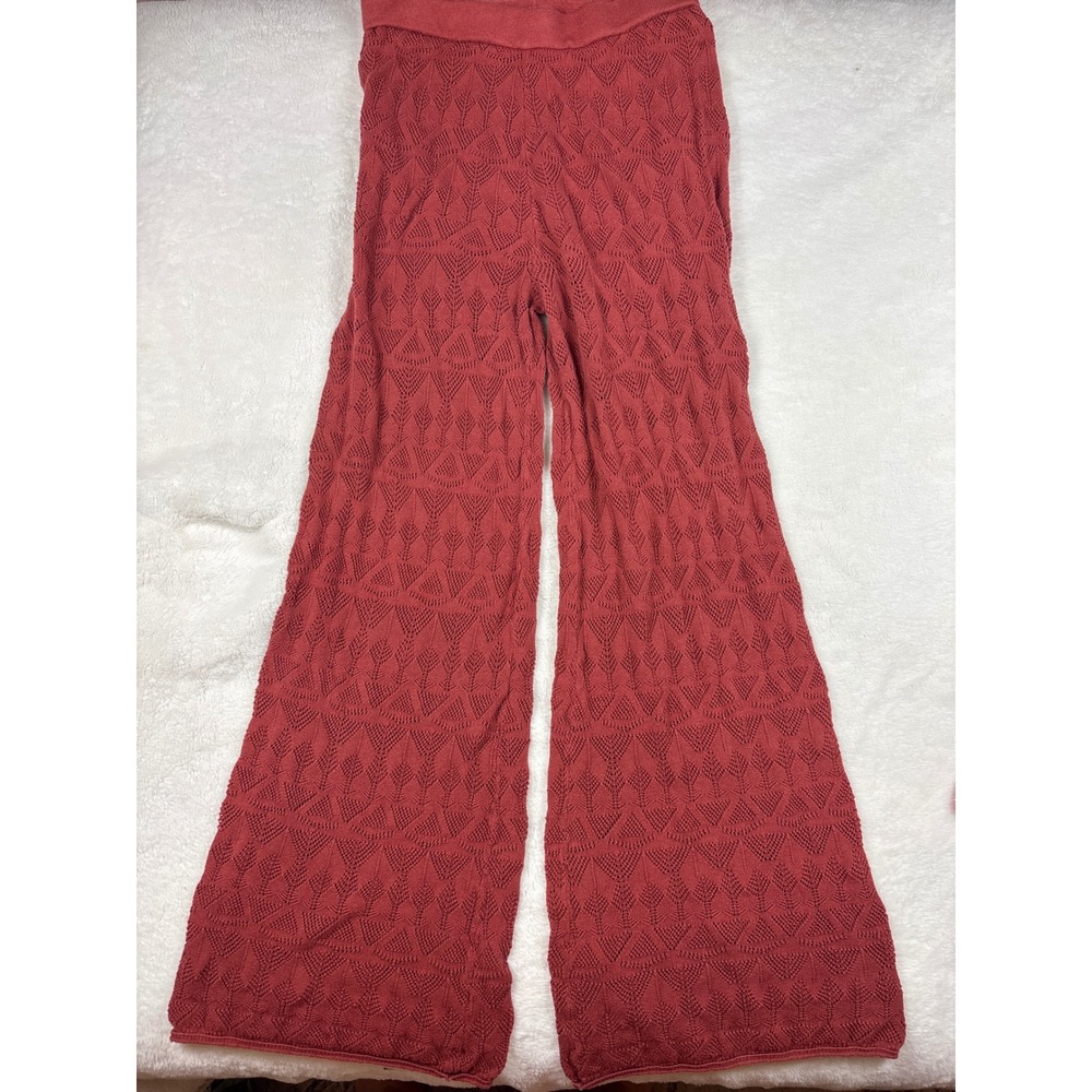 Flat White Terracotta Red Pointelle Knit Wide Leg Boho Pants Medium